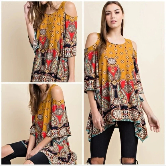 NWT Boutique Mustard paisley cold shoulder flow top western boho bell sleeve - Picture 1 of 10